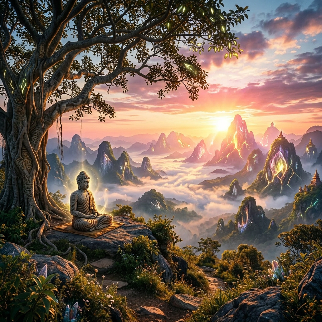 Buddha statue meditating on rock under tree with misty mountains at sunrise