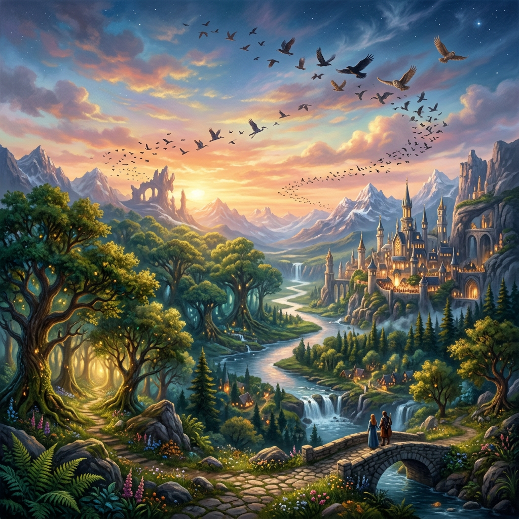 Fantasy landscape with castle, river, forest, mountains, and birds flying
