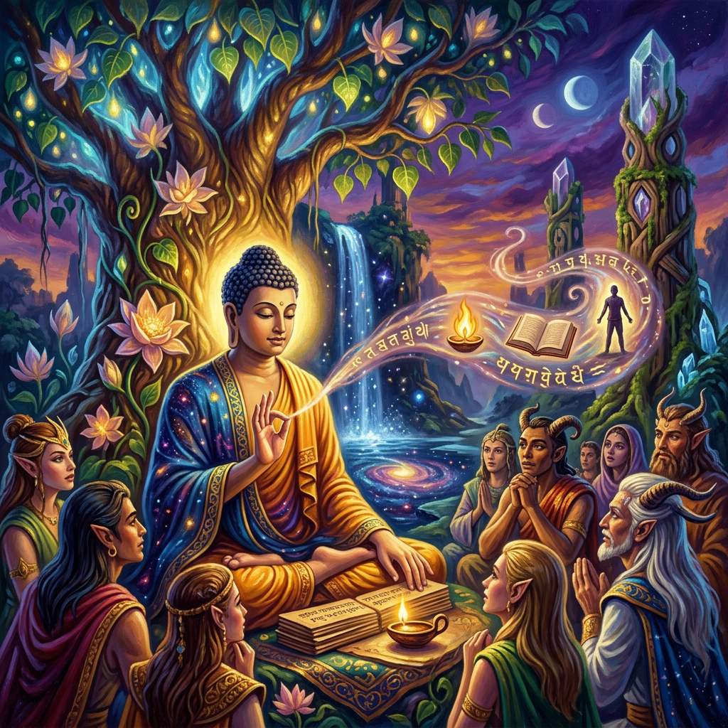 Buddha meditating and teaching spiritual wisdom to attentive followers under a glowing tree
