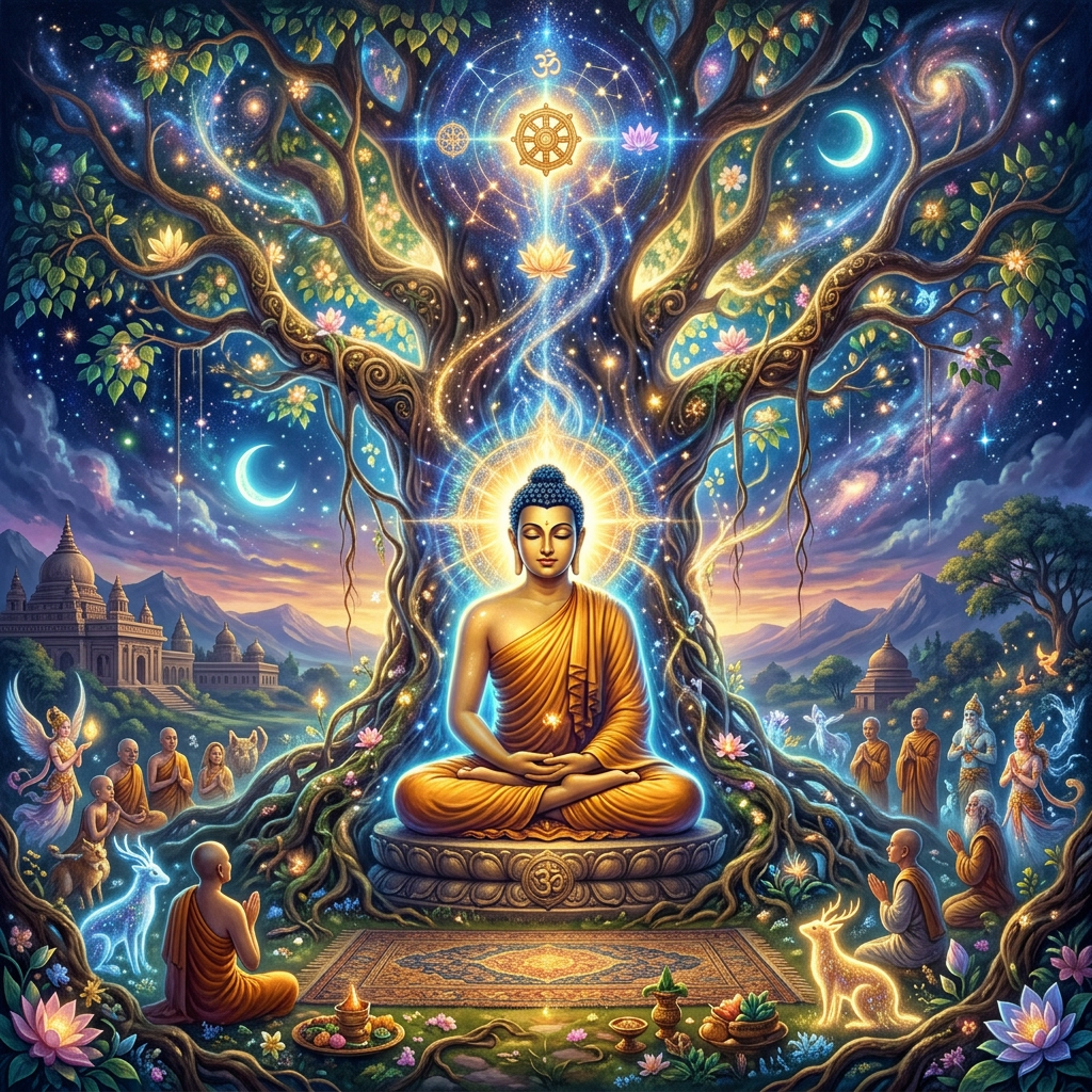 Buddha meditating under a luminous Bodhi tree with disciples and glowing animals