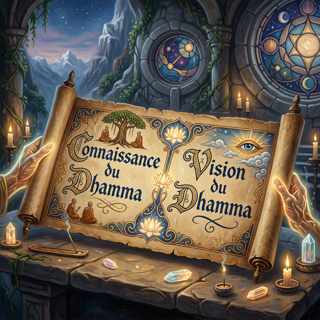 Scroll with French text 'Connaissance du Dhamma' and 'Vision du Dhamma' surrounded by candles and crystals