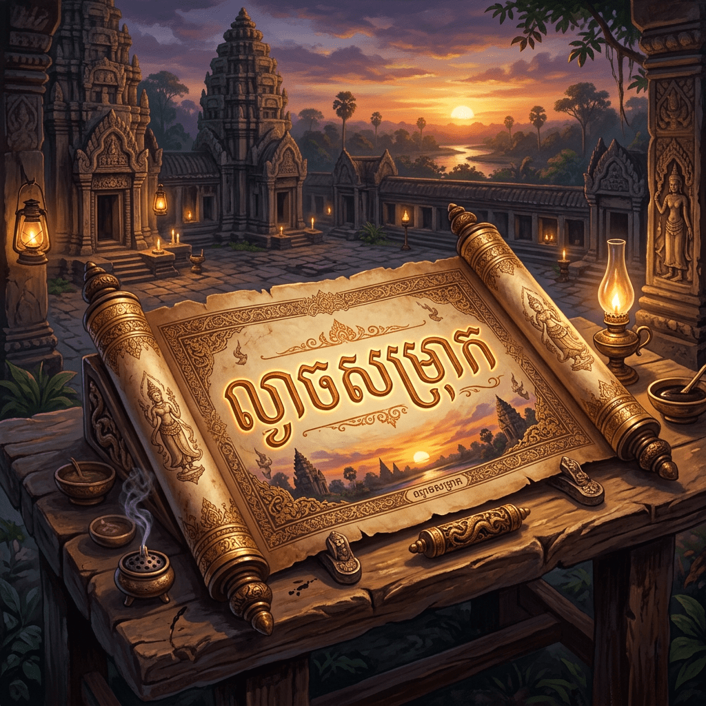 Ancient ornate scroll on wooden table with lit lanterns in temple courtyard at sunset